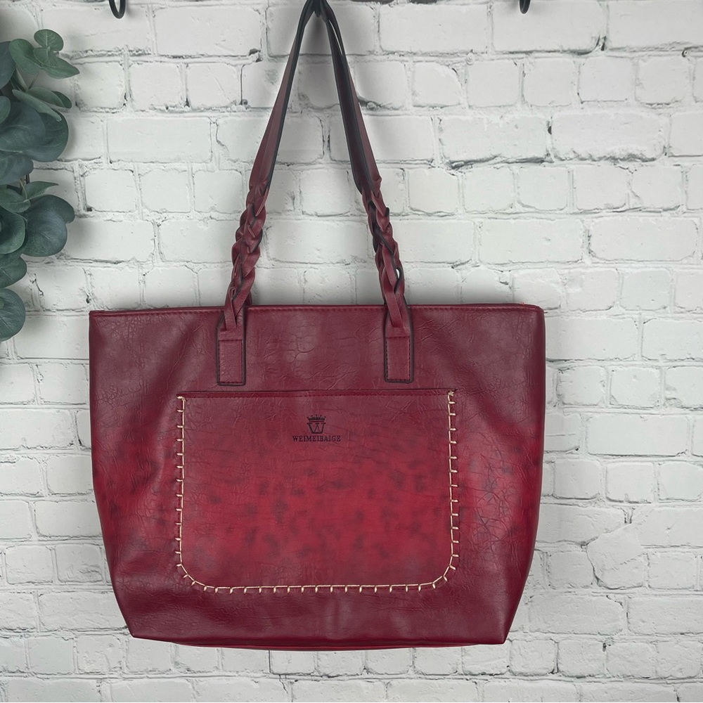 WEIMEIBAIGE Oversized Faux Leather Wine Red Tote Bag